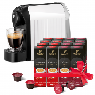 TCHIBO Cafissimo Easy White Capsule Coffe Maker + Espresso Elegant Aroma + Espresso Intense Aroma 2x(8x10)pcs Acasă