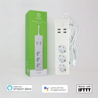 Woox Smart Home Smart Distributor - R4028 (3 pcs Schuko, 4 pcs USB, overcurrent sensor, timer, 1.8m, Wi-Fi, remote front Acasă