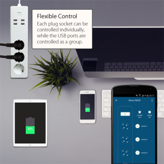 Woox Smart Home Smart Distributor - R4028 (3 pcs Schuko, 4 pcs USB, overcurrent sensor, timer, 1.8m, Wi-Fi, remote front Acasă